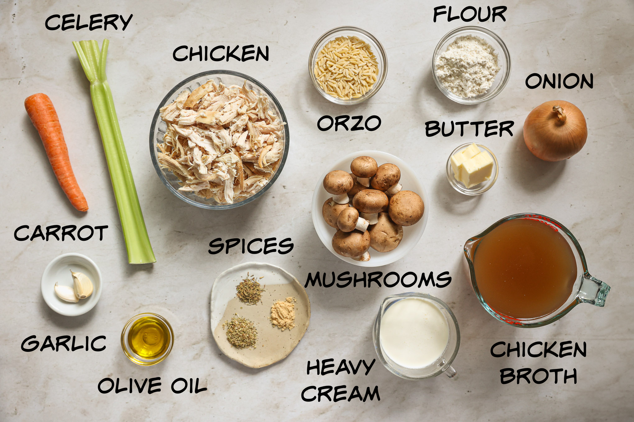 ingredients for creamy chicken mushroom soup.