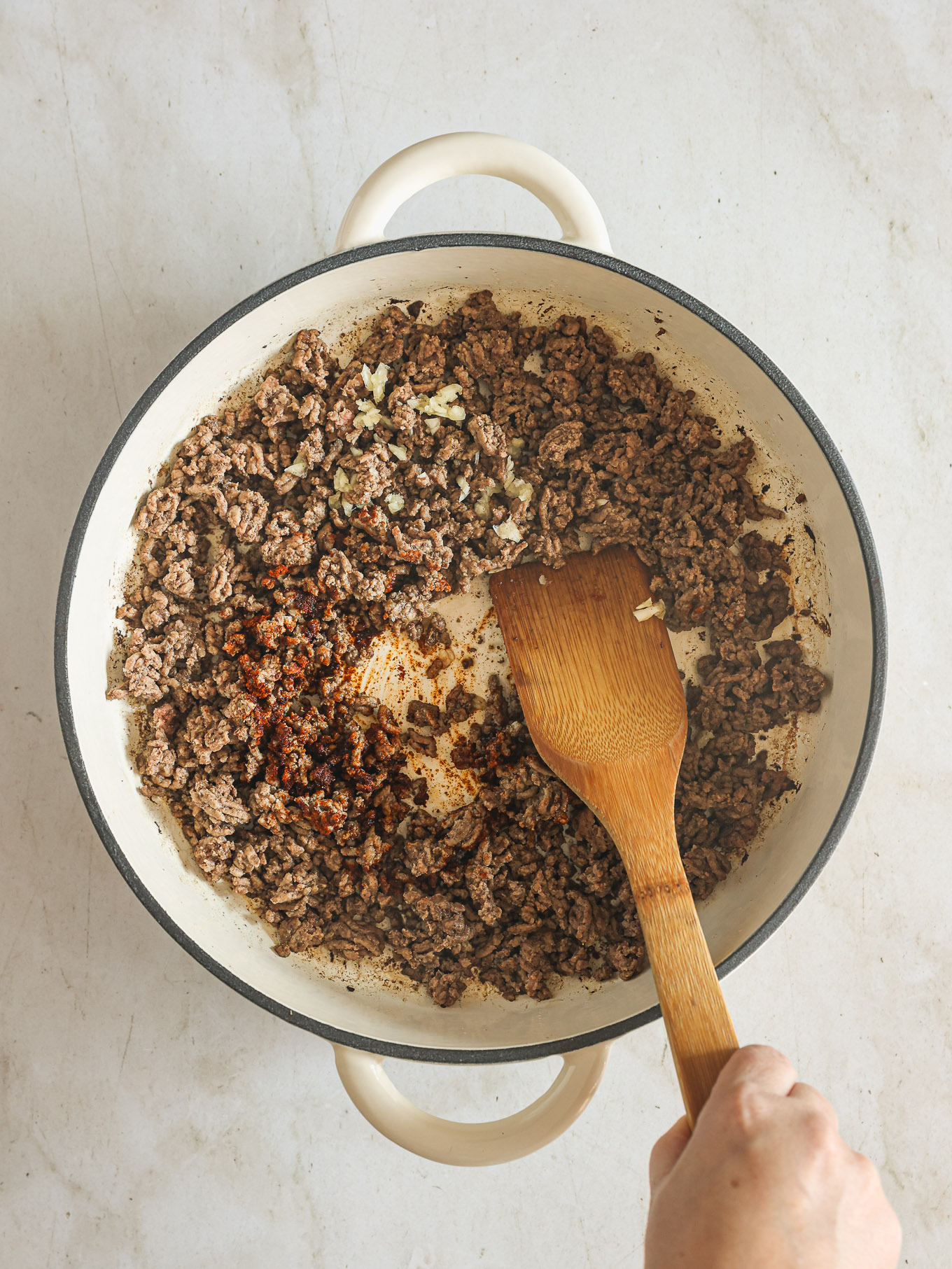 cooked ground beef in a skillet.