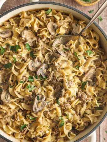 ground beef stroganoff in a skillet.