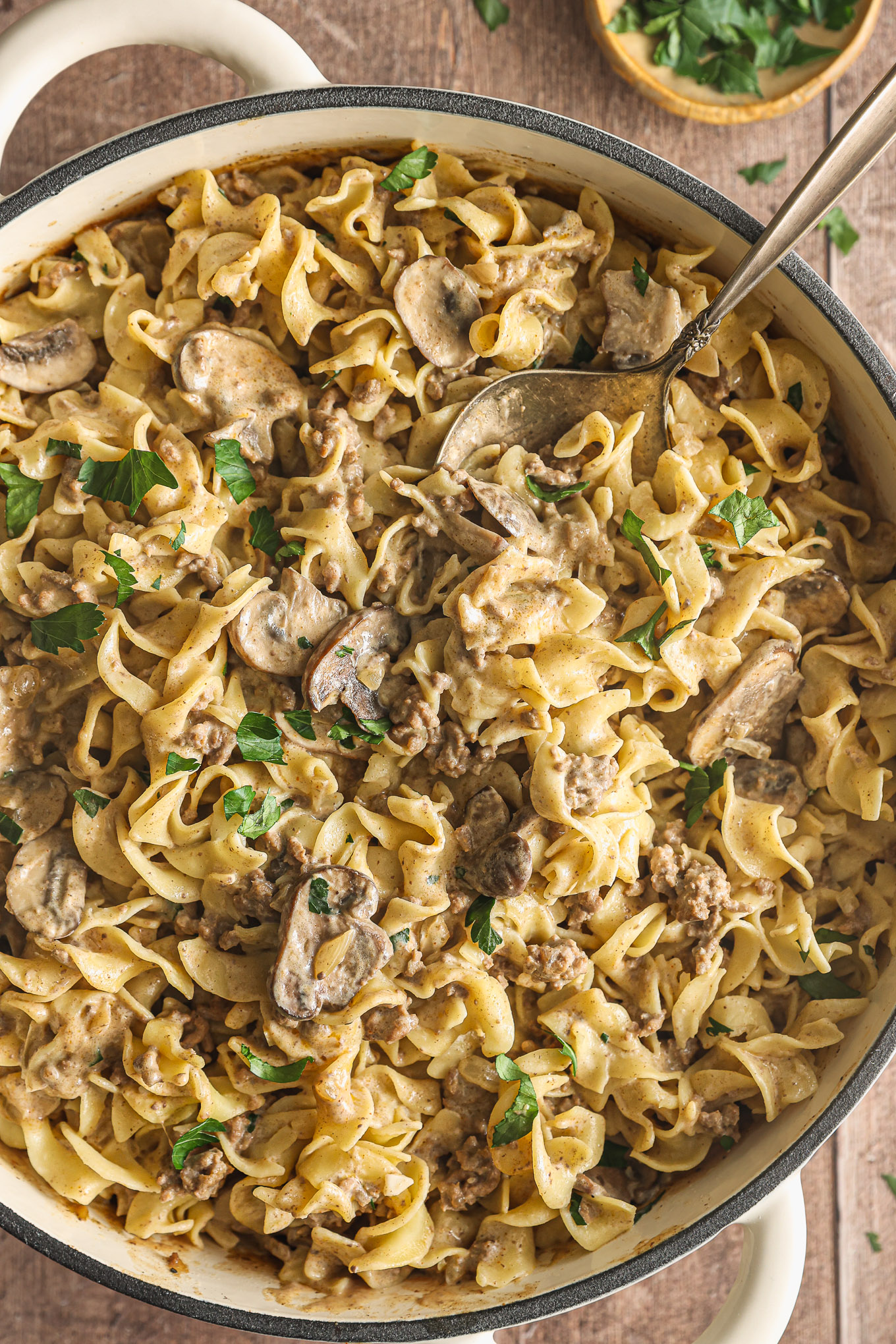 ground beef stroganoff in a skillet.
