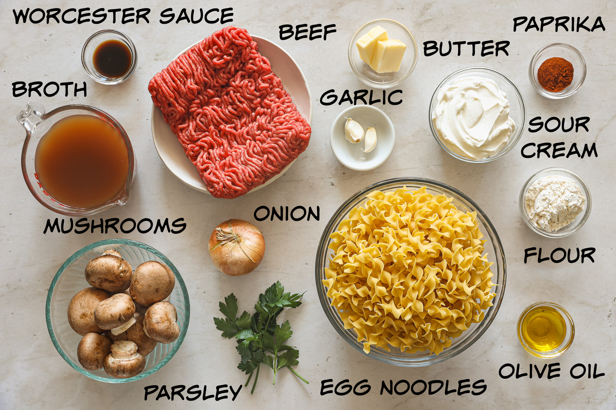 ingredients for beef stroganoff.