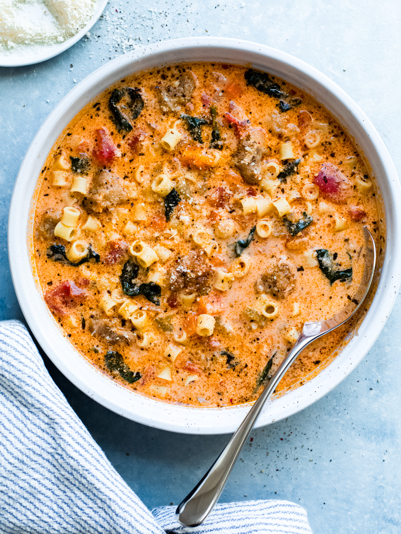 italian sausage soup in a bowl.