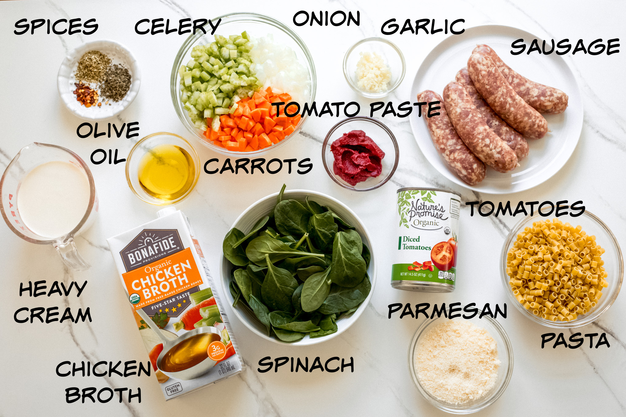 ingredients for italian soup with sausage.
