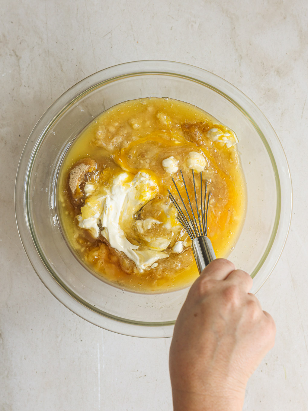 wet ingredients in glass bowl.