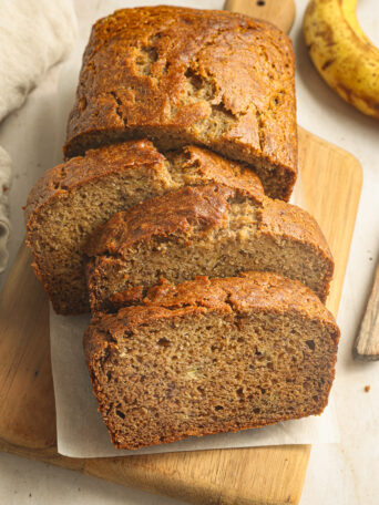 sliced banana bread on cutting board.