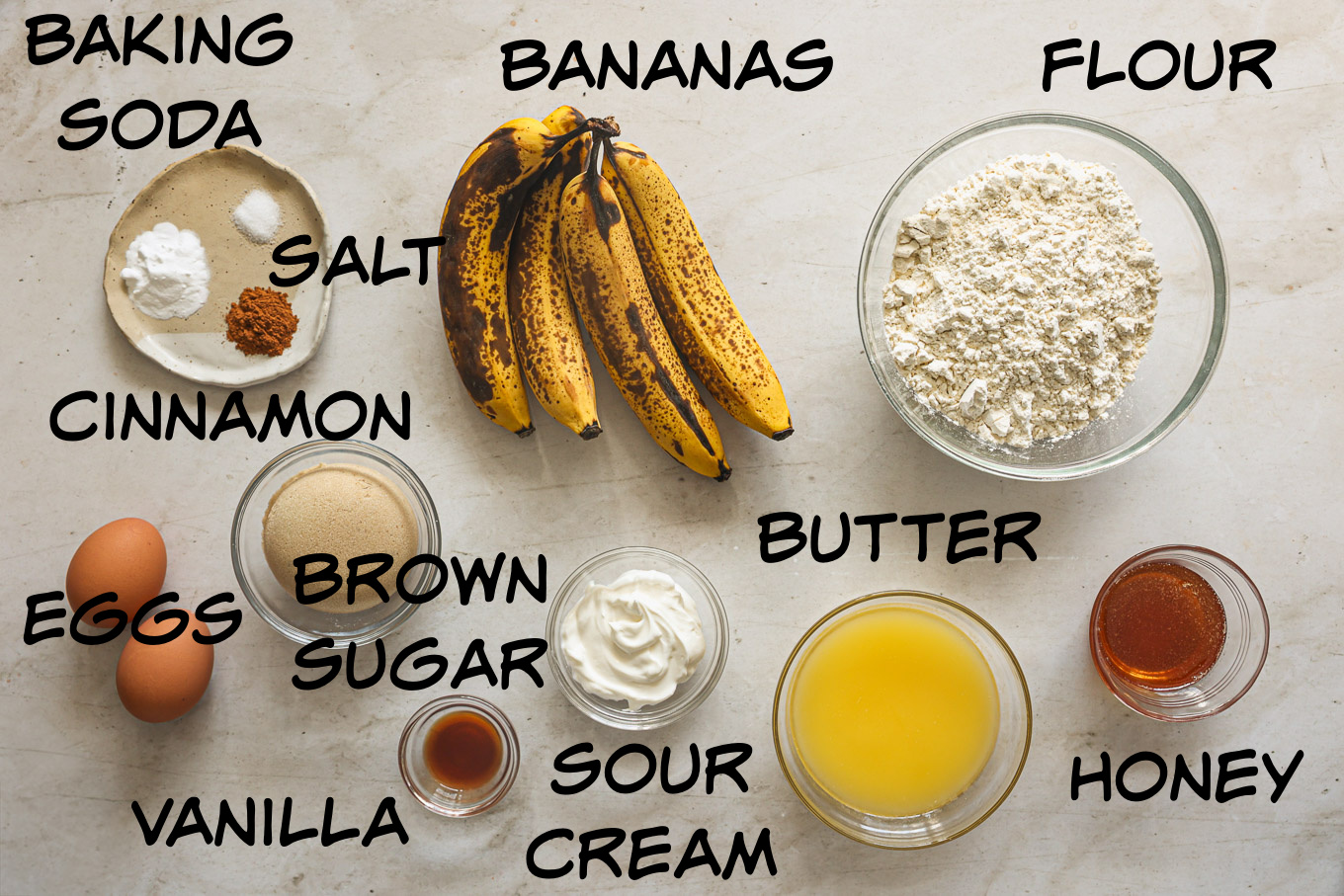 ingredients for recipe for banana bread.