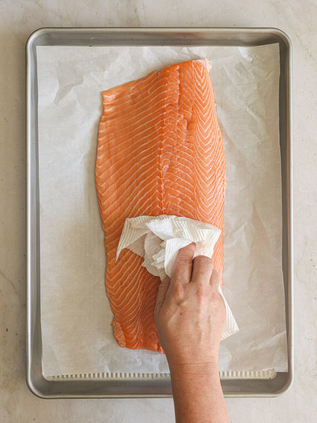 salmon patted down with paper towel.