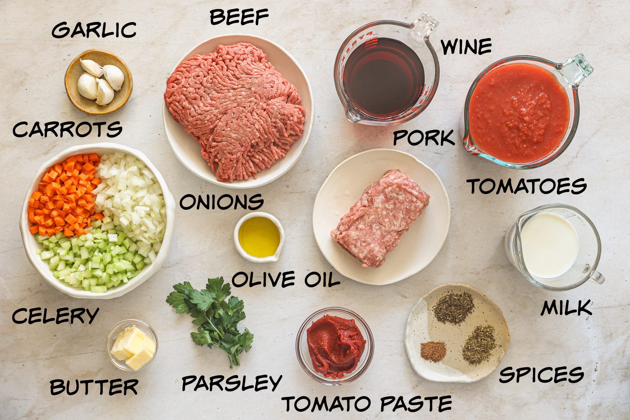 ingredients for bolognese sauce recipe.