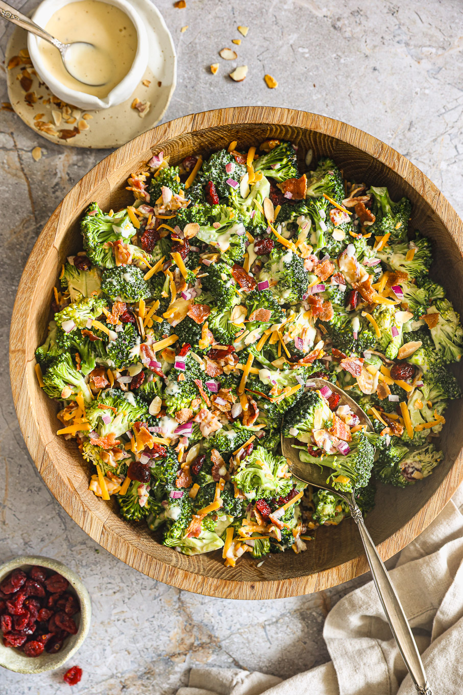 broccoli salad in a wooden bowl.