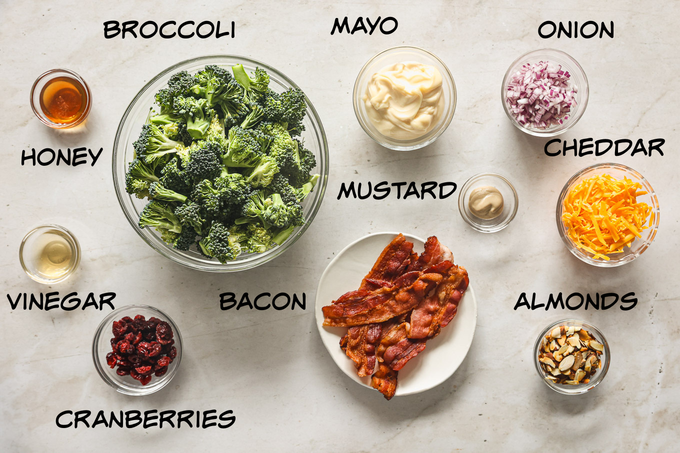 ingredients for making broccoli salad recipe.