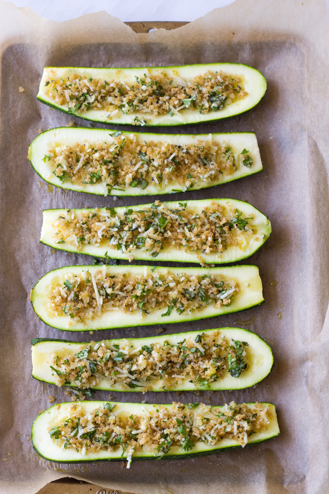 zucchini halves topped with panko crumb mixture.