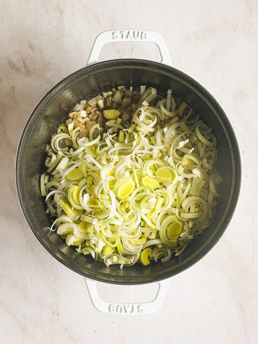 sliced leeks in a pot.