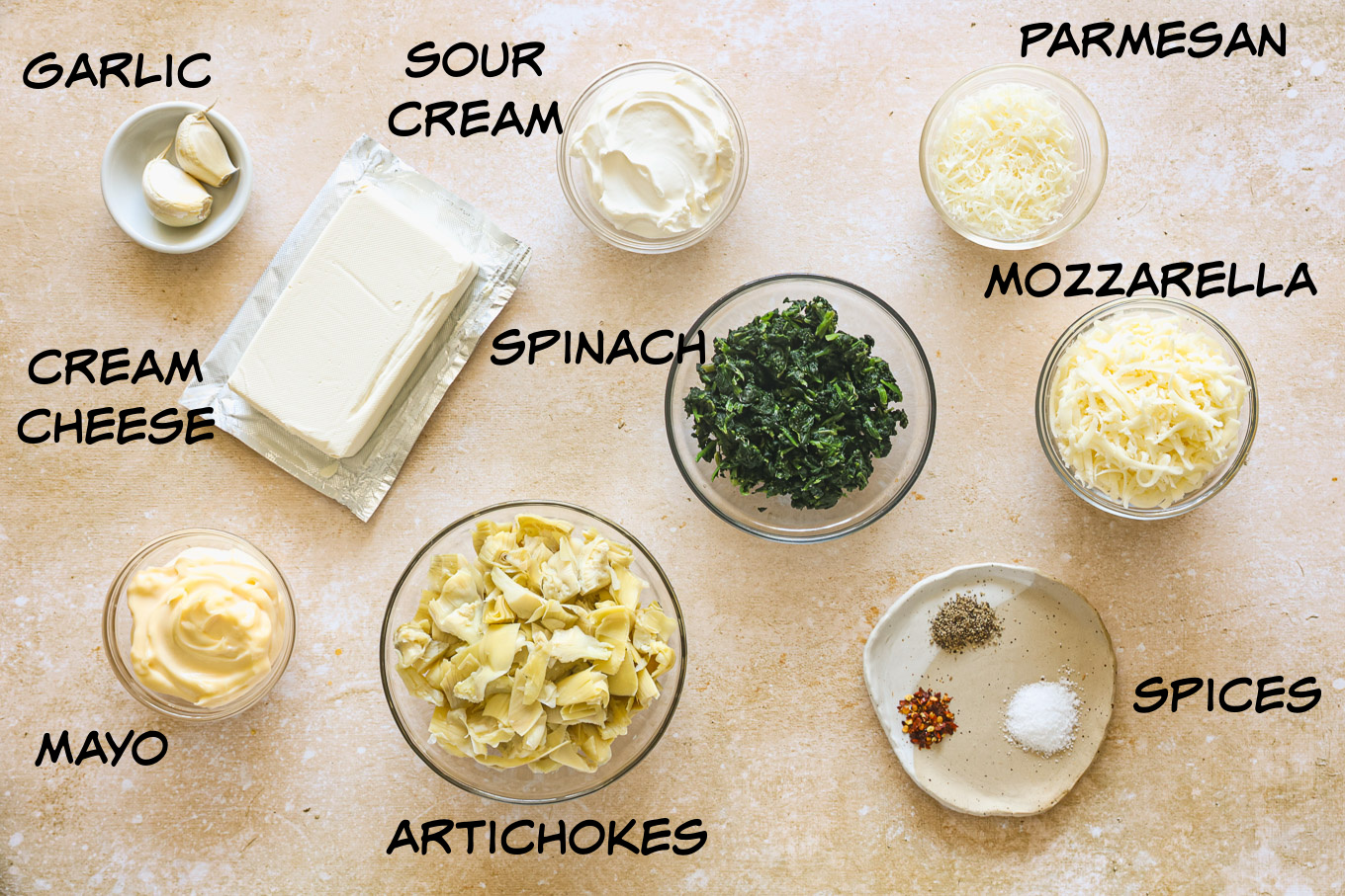 ingredients for spinach artichoke dip recipe.