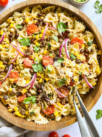 closeup of cowboy pasta recipe in a bowl.