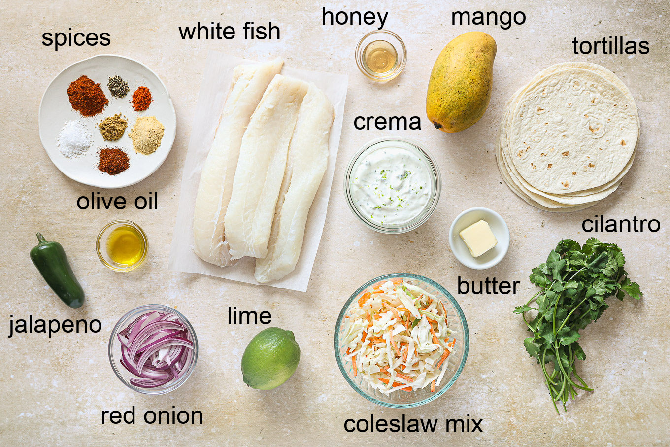 ingredients for fish taco recipe.