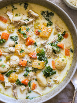 close up of gnocchi and butternut squash soup.
