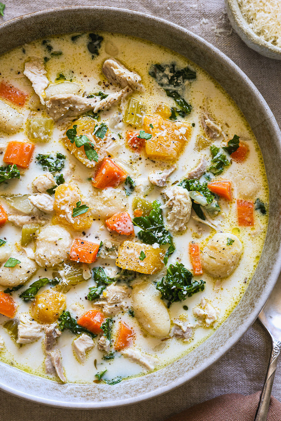 close up of gnocchi and butternut squash soup.