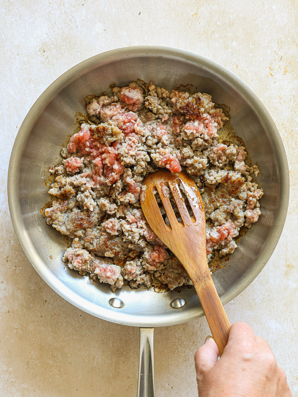 cooked breakfast sausage in a skillet.