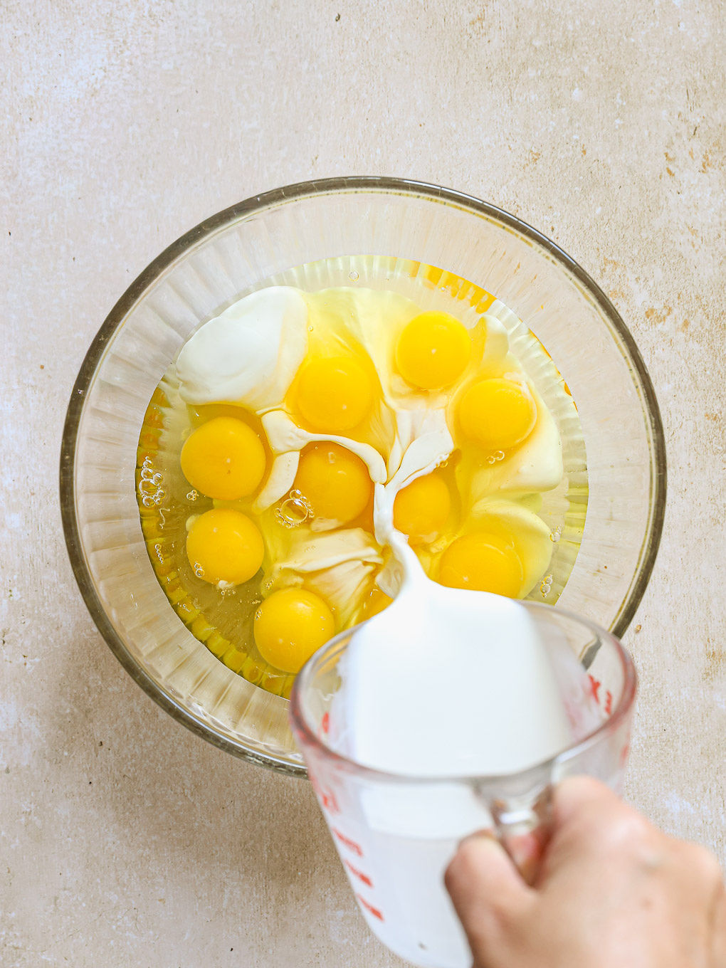 eggs with cream in a glass bowl.