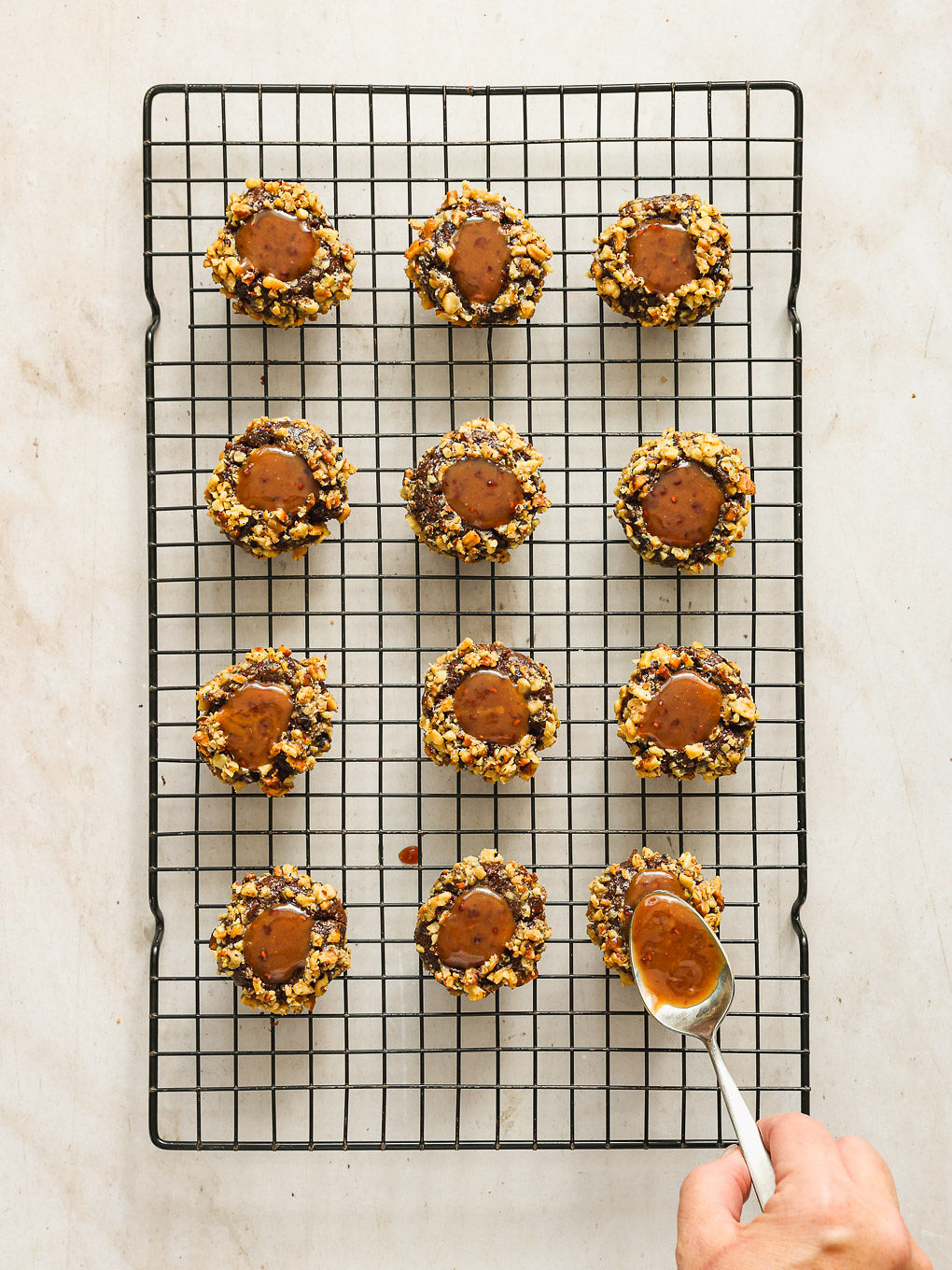 baked cookies with caramel in the middle.