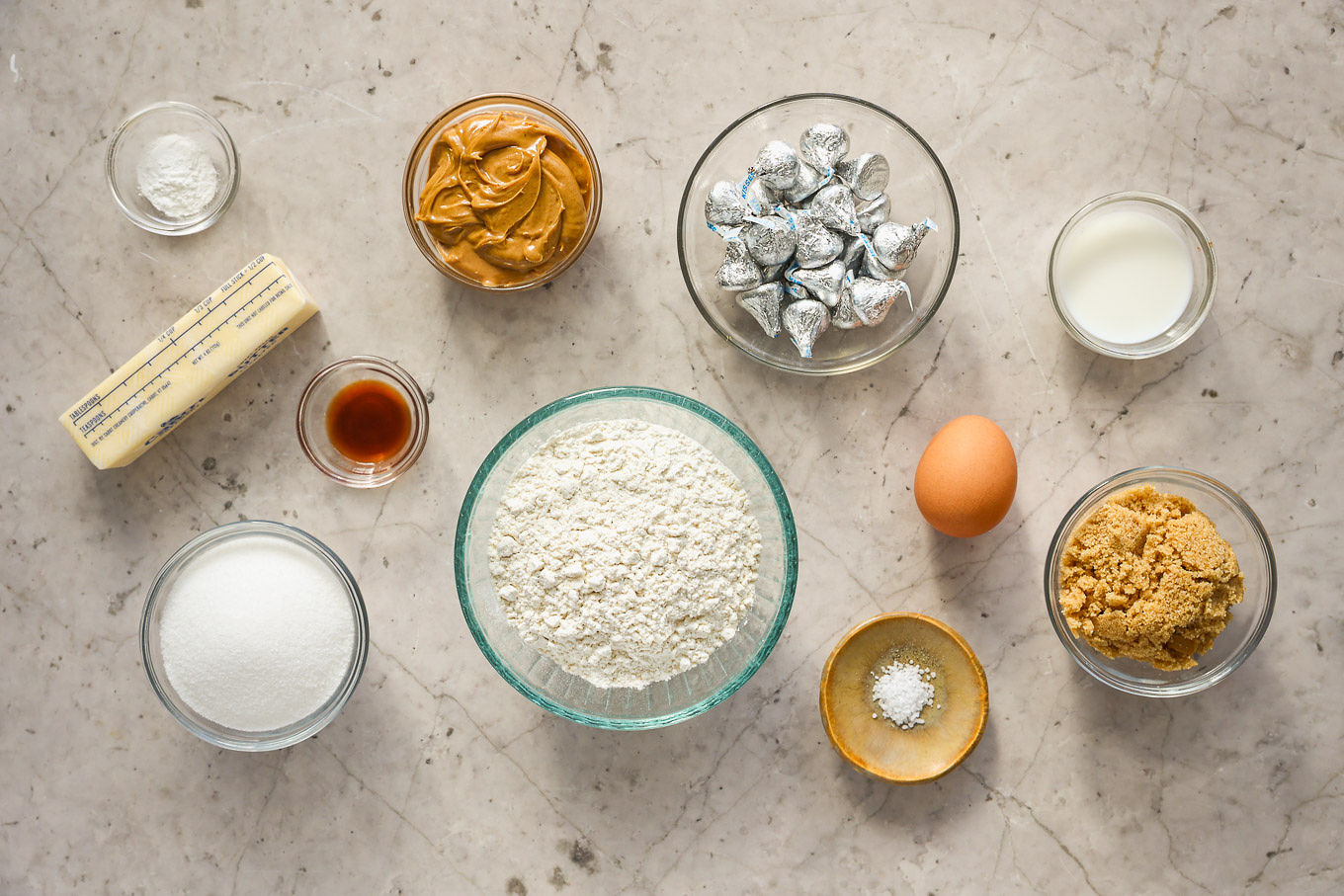 ingredients for peanut butter blossom cookies.