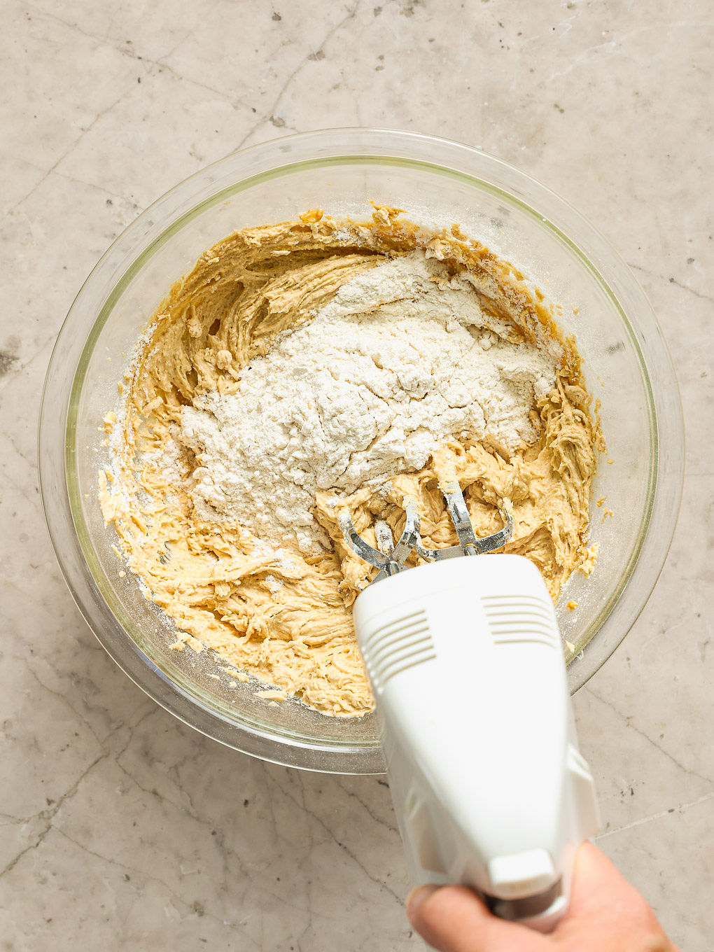 cookie batter in a glass bowl.