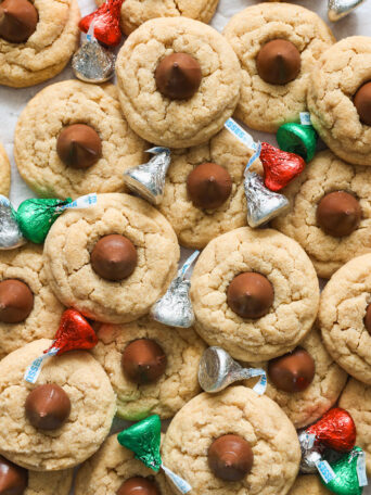 overhead of cookies with hershey kisses.