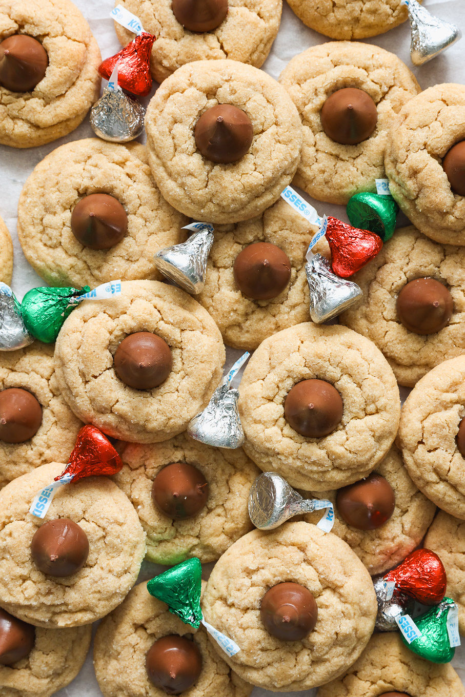 overhead of cookies with hershey kisses.
