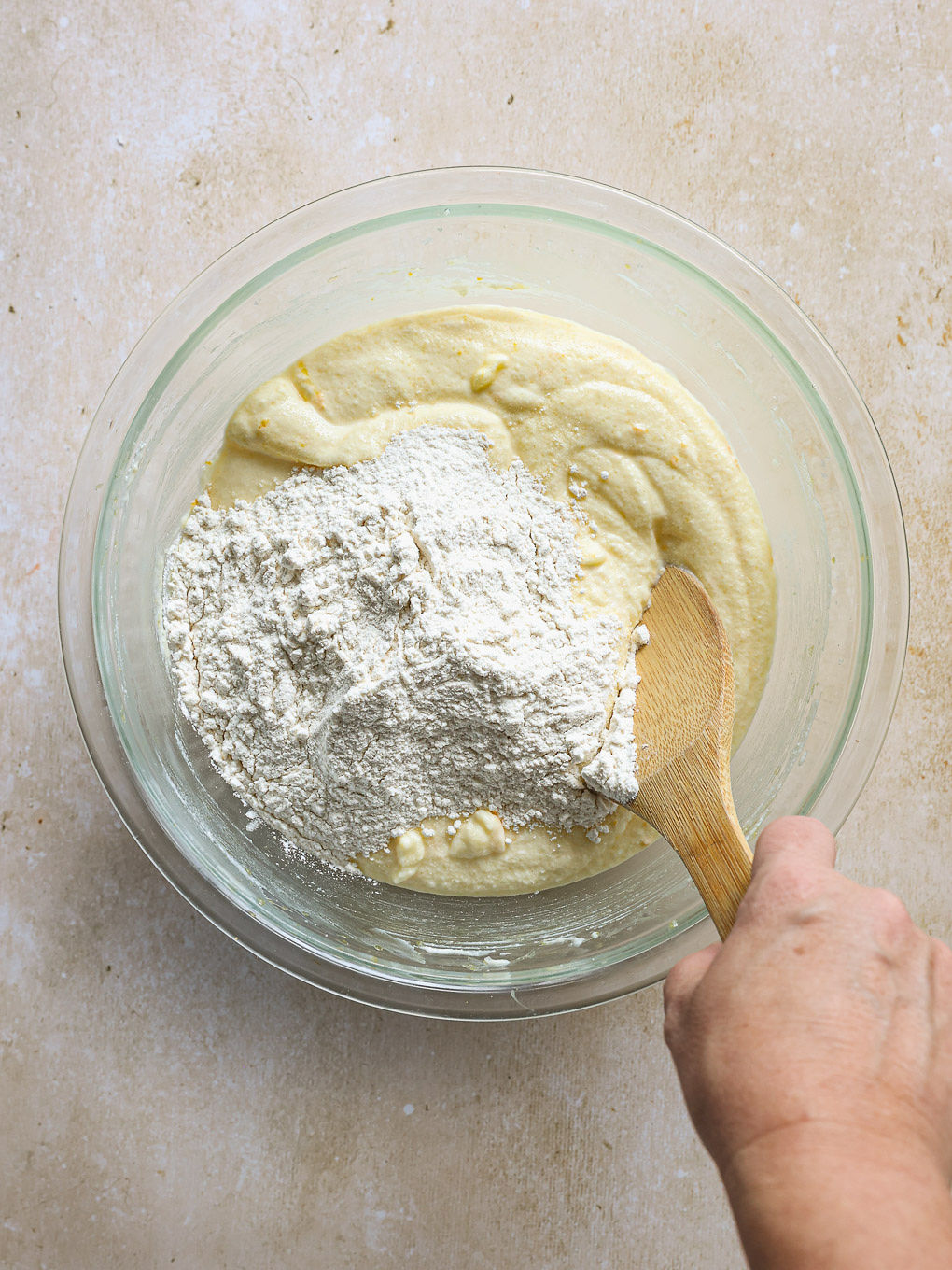 dry and wet ingredients combined in a bowl.