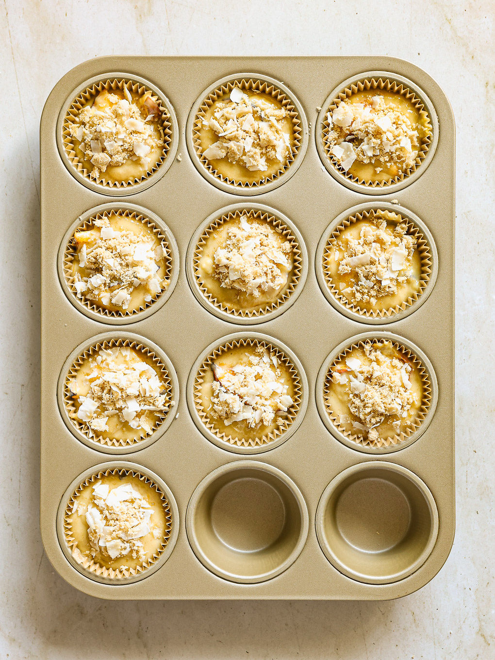 muffin batter in a pan.