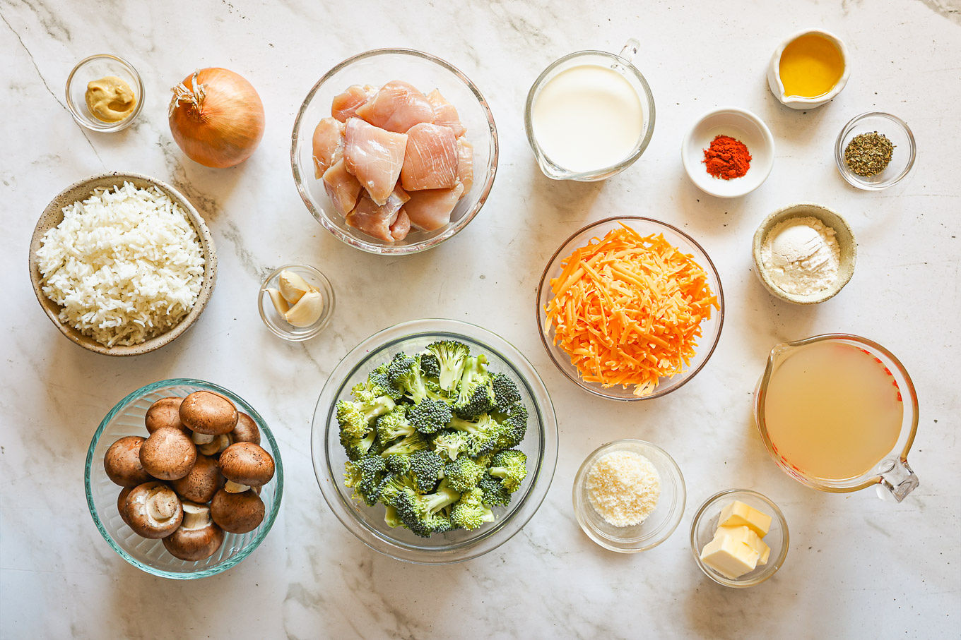 ingredients for rice casserole with chicken and broccoli.