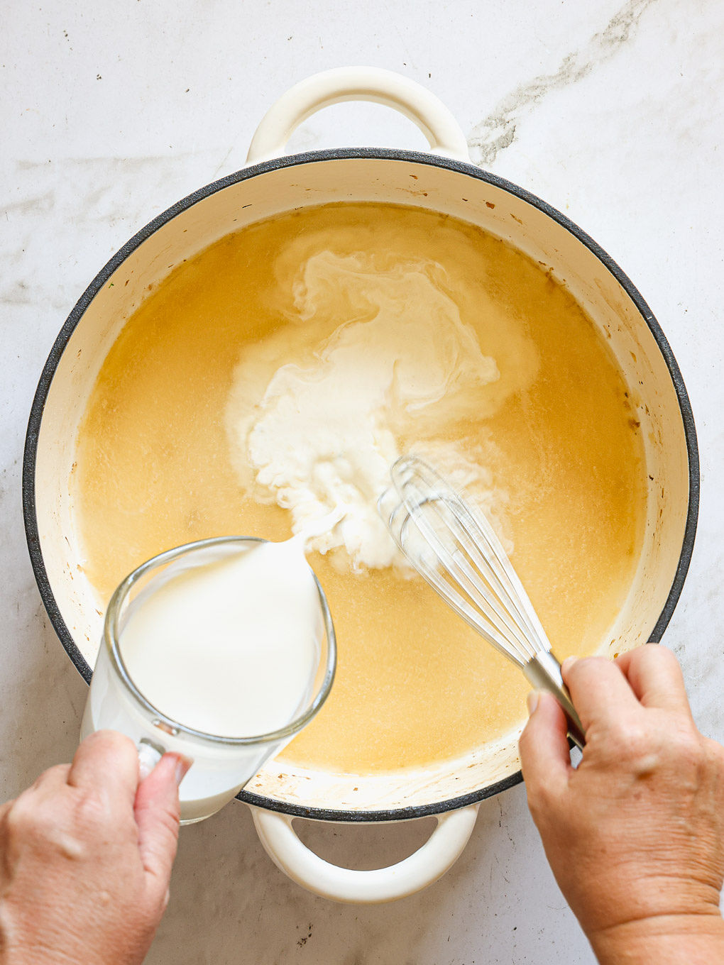 milk whisked into flour mixture.