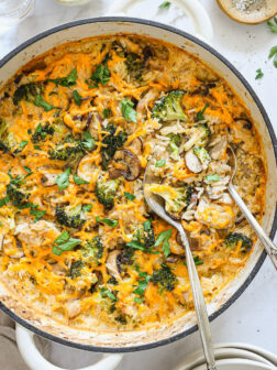 overhead close up rice broccoli chicken casserole in a skillet.