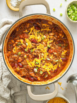 beef chili in a white dutchoven.