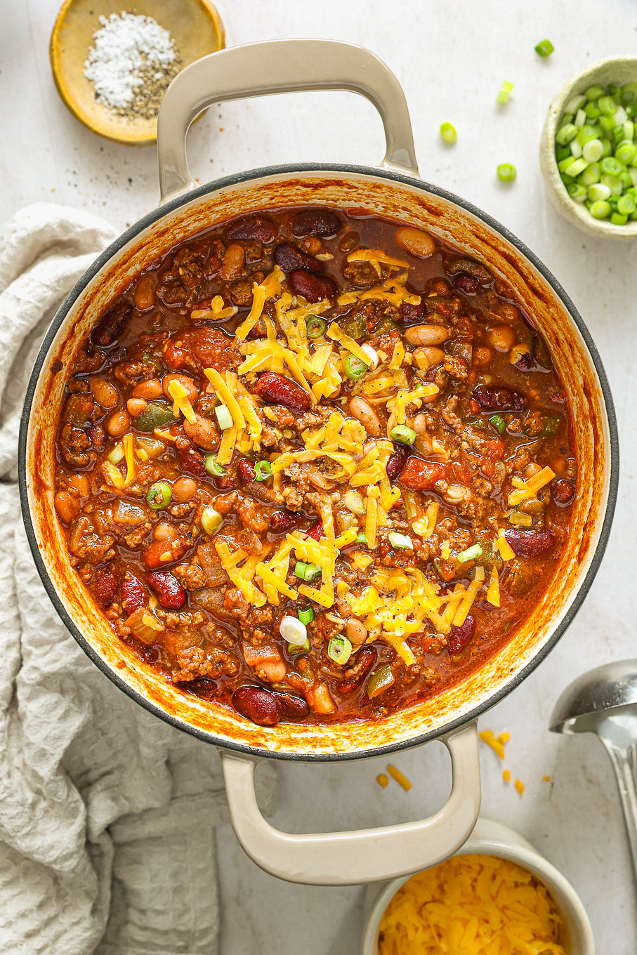 beef chili in a white dutchoven.